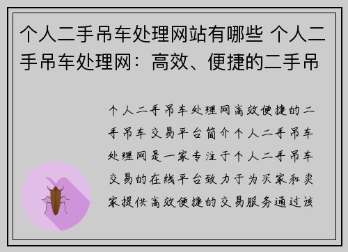 个人二手吊车处理网站有哪些 个人二手吊车处理网：高效、便捷的二手吊车交易平台