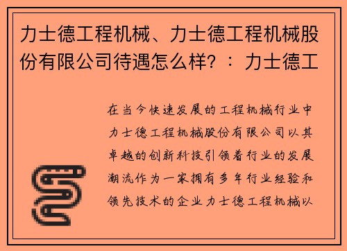 力士德工程机械、力士德工程机械股份有限公司待遇怎么样？：力士德工程机械：创新科技引领行业发展